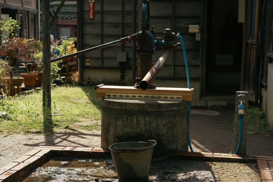 A classic water pump in a serene Tokyo garden setting, capturing rustic charm.